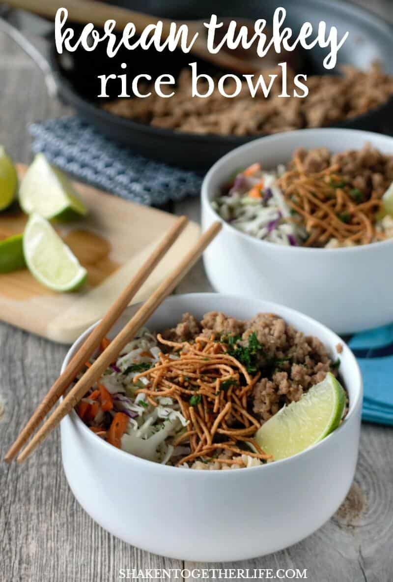 Korean Turkey Rice Bowls are a quick and tasty weeknight meal! Each bowl gets a generous portion of seasoned ground turkey, nutty brown rice, veggies and a sprinkling of crispy noodles!