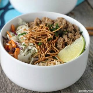 Korean Turkey Rice Bowls are filled with flavorful seasoned ground turkey, nutty brown rice, shredded cabbage and topped with crispy noodles for a quick and tasty weeknight meal!