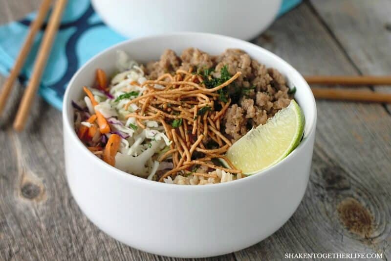 Korean Turkey Rice Bowls are filled with flavorful seasoned ground turkey, nutty brown rice, shredded cabbage and topped with crispy noodles for a quick and tasty weeknight meal!