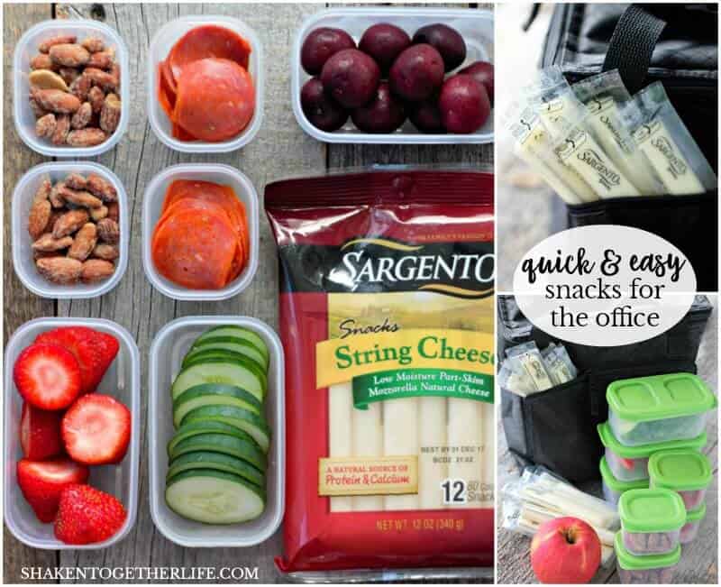 Prep and pack these Quick & Easy Snacks for the Office in no time - string cheese, fruit, nuts, veggies & more! Great snack ideas for adults!