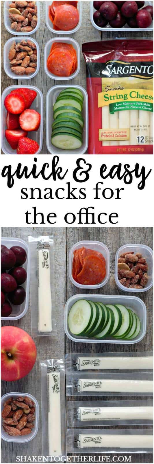 Prep and pack these Quick & Easy Snacks for the Office in no time - string cheese, fruit, nuts, veggies & more! Great snack ideas for adults!