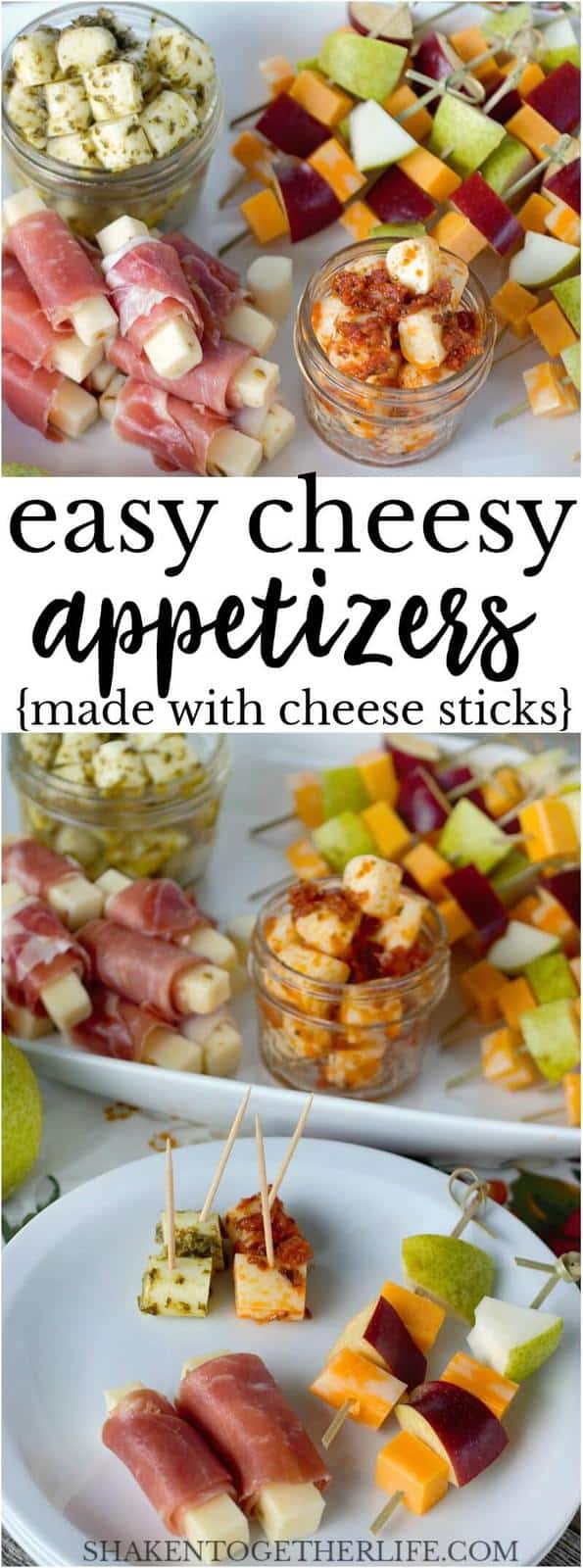 3 Easy Cheesy Appetizers made using cheese sticks! Pesto Mozzarella Bites, Prosciutto Wrapped Pepper Jack and Fruit & Cheese Skewers are simple and delicious!