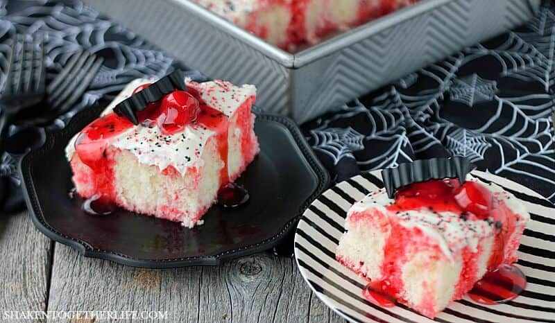 Cherry Vanilla Vampire Poke Cake is a frightfully fruity Halloween dessert!