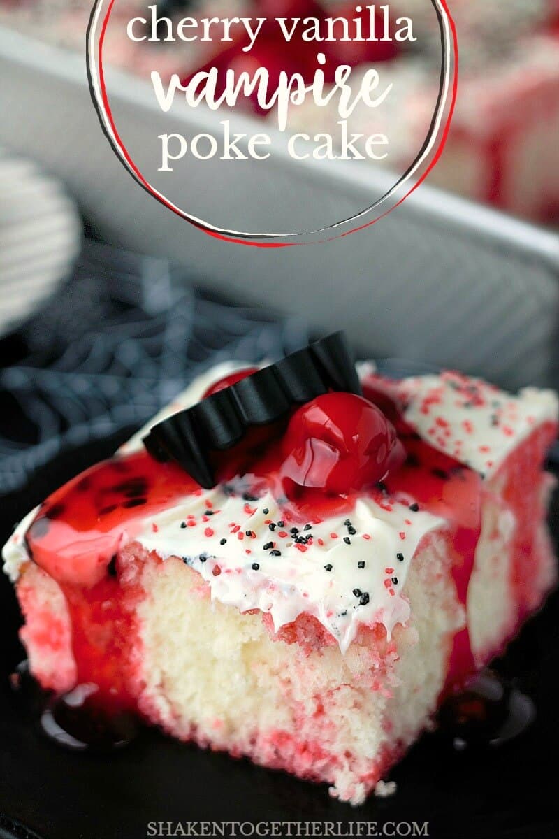 This Cherry Vanilla Vampire Poke Cake will be the spooky sweet star of any Halloween party!