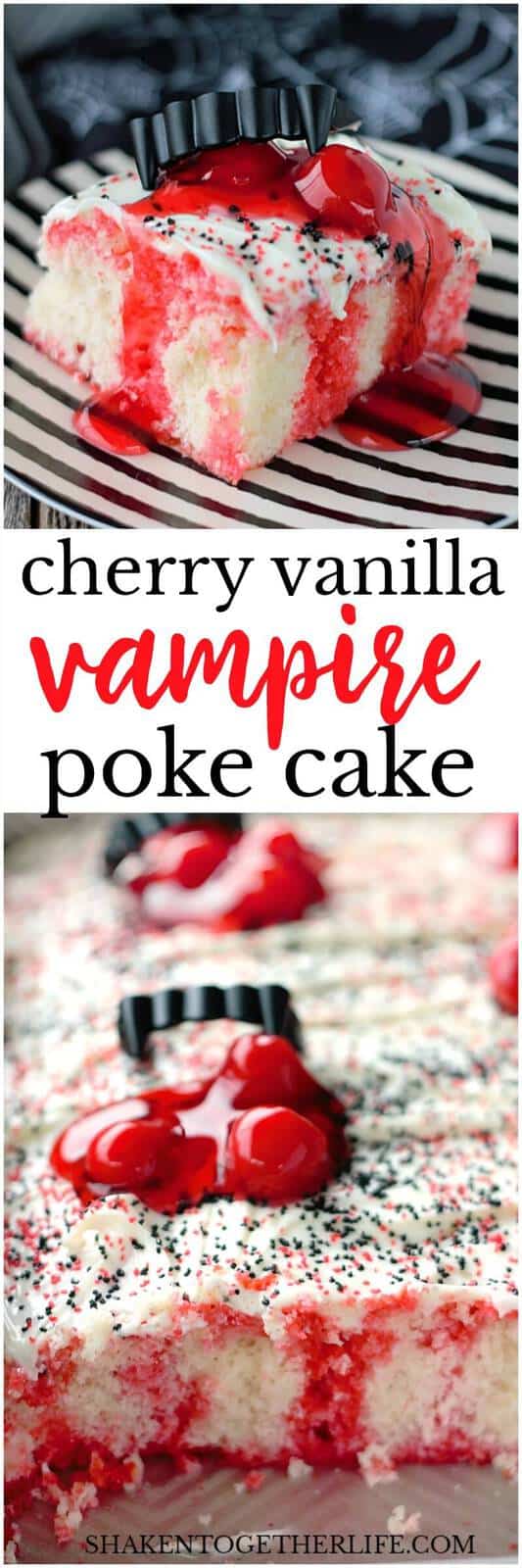 Cherry Vanilla Vampire Poke Cake is frightfully fun and devilishly delicious! The glossy globs of cherry pie filling and fangs are the perfect touch for this Halloween dessert!