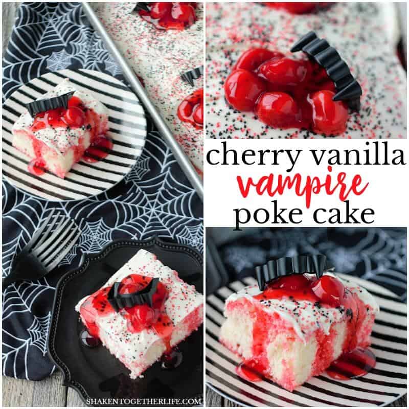 Cherry Vanilla Vampire Poke Cake is frightfully fun and devilishly delicious! The glossy globs of cherry pie filling and fangs are the perfect touch for this Halloween dessert!