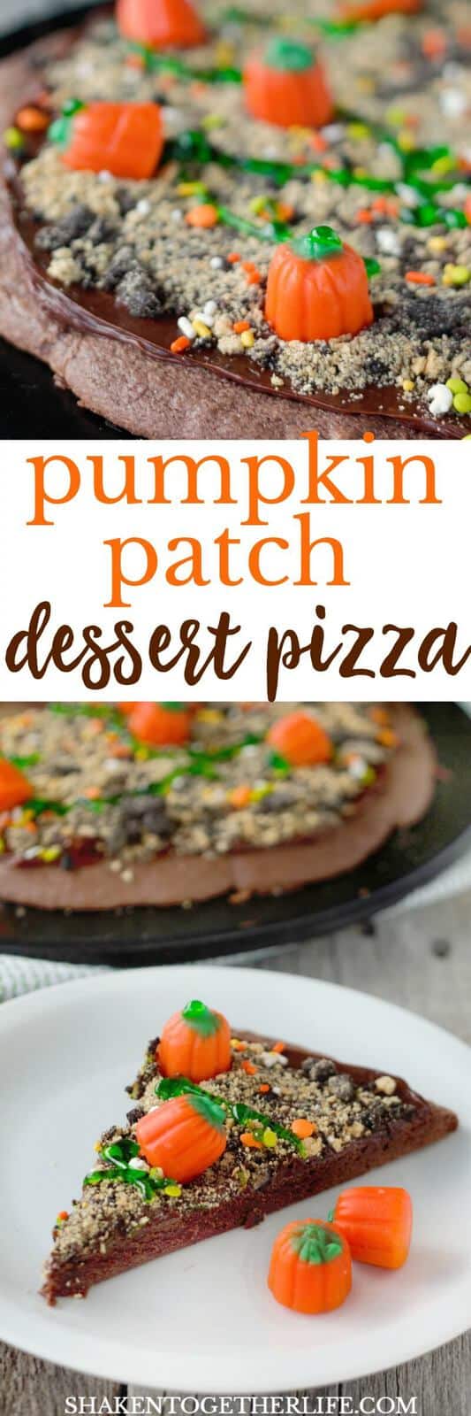 Our Pumpkin Patch Dessert Pizza is a big chocolatey slice of fun for Fall! Make it for any Fall festivity or not-so-spooky Halloween party!