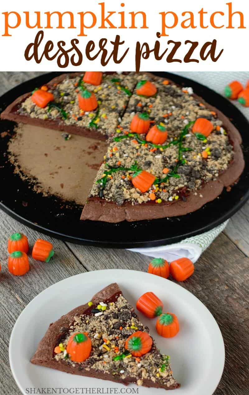 This Pumpkin Patch Dessert Pizza is not just any ol' Halloween dessert! A brownie crust, chocolate frosting field, cookie soil & candy pumpkins make this sweet treat fantastic for Fall!