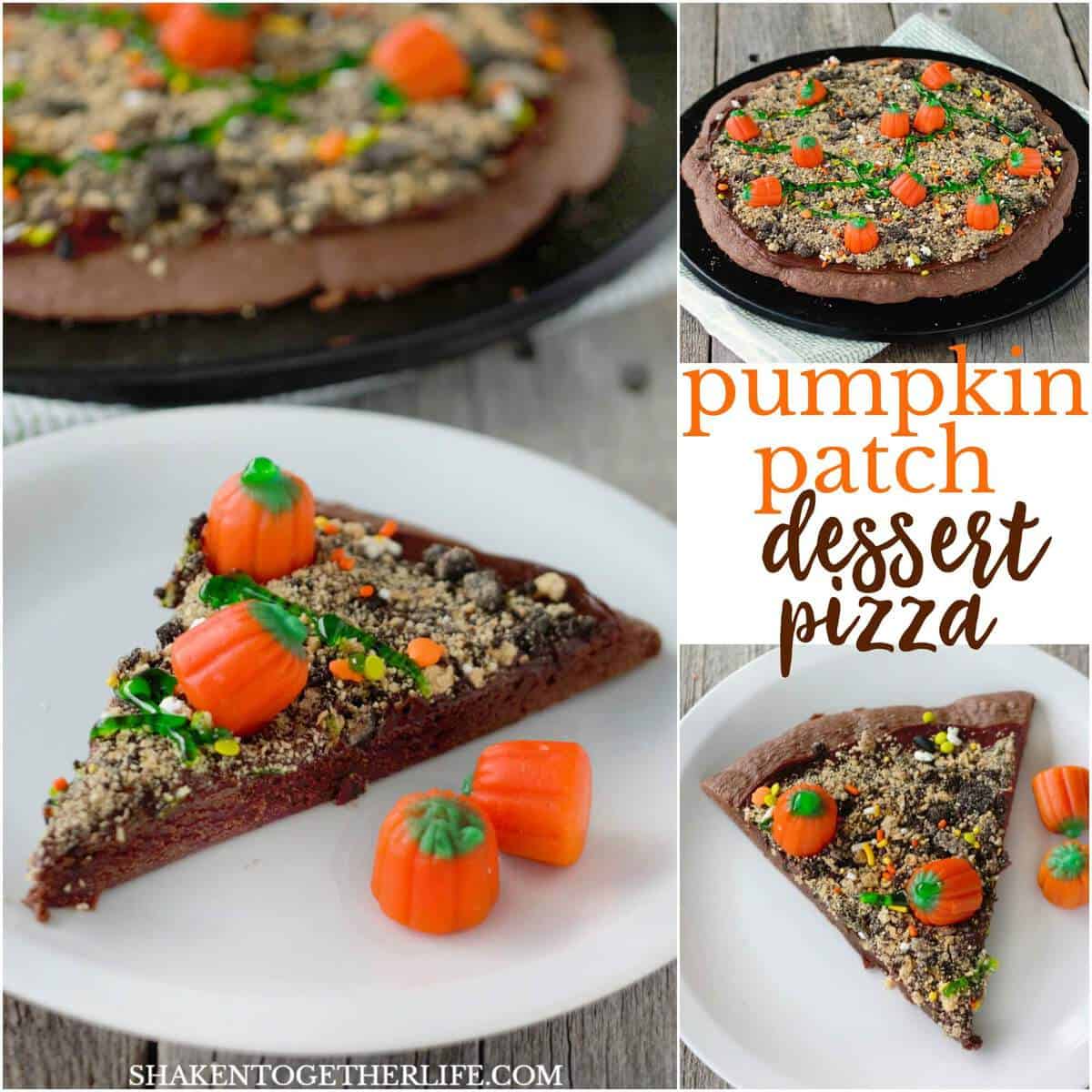 Make a chocolatey Pumpkin Patch Dessert Pizza for Fall! It's easy and simply delicious! I mean, who doesn't like a brownie crust, chocolate frosting, crumbled cookies and candy pumpkins?!