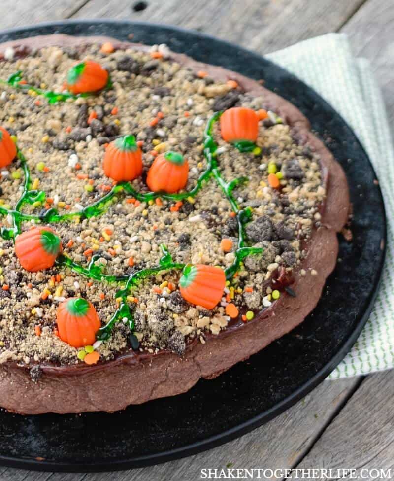 Pumpkin Patch Dessert Pizza on black baking stone