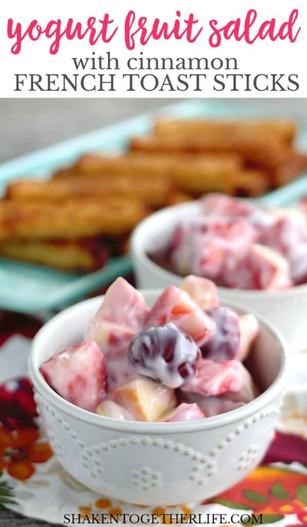 This Easy Yogurt Fruit Salad is a super simple breakfast or brunch recipe! It is done in a matter of minutes and is the perfect partner to warm, toasty French Toast Sticks!