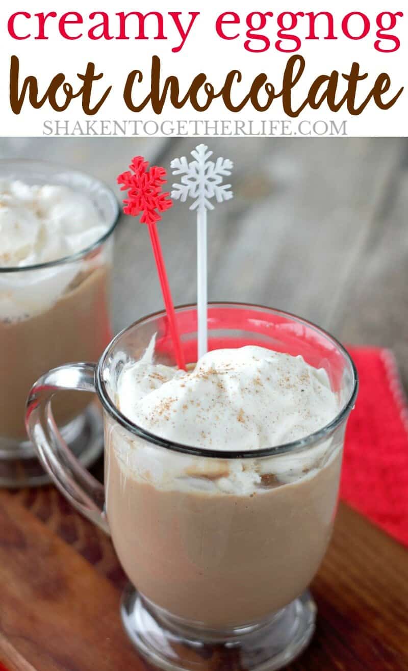 Creamy Eggnog Hot Chocolate is the best of both worlds! Classic spiced eggnog provides a ton of flavor to creamy hot chocolate!