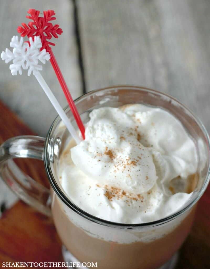 Creamy Eggnog Hot Chocolate blends two holiday favorites into one indulgent drink - don't forget the whipped cream and extra nutmeg!
