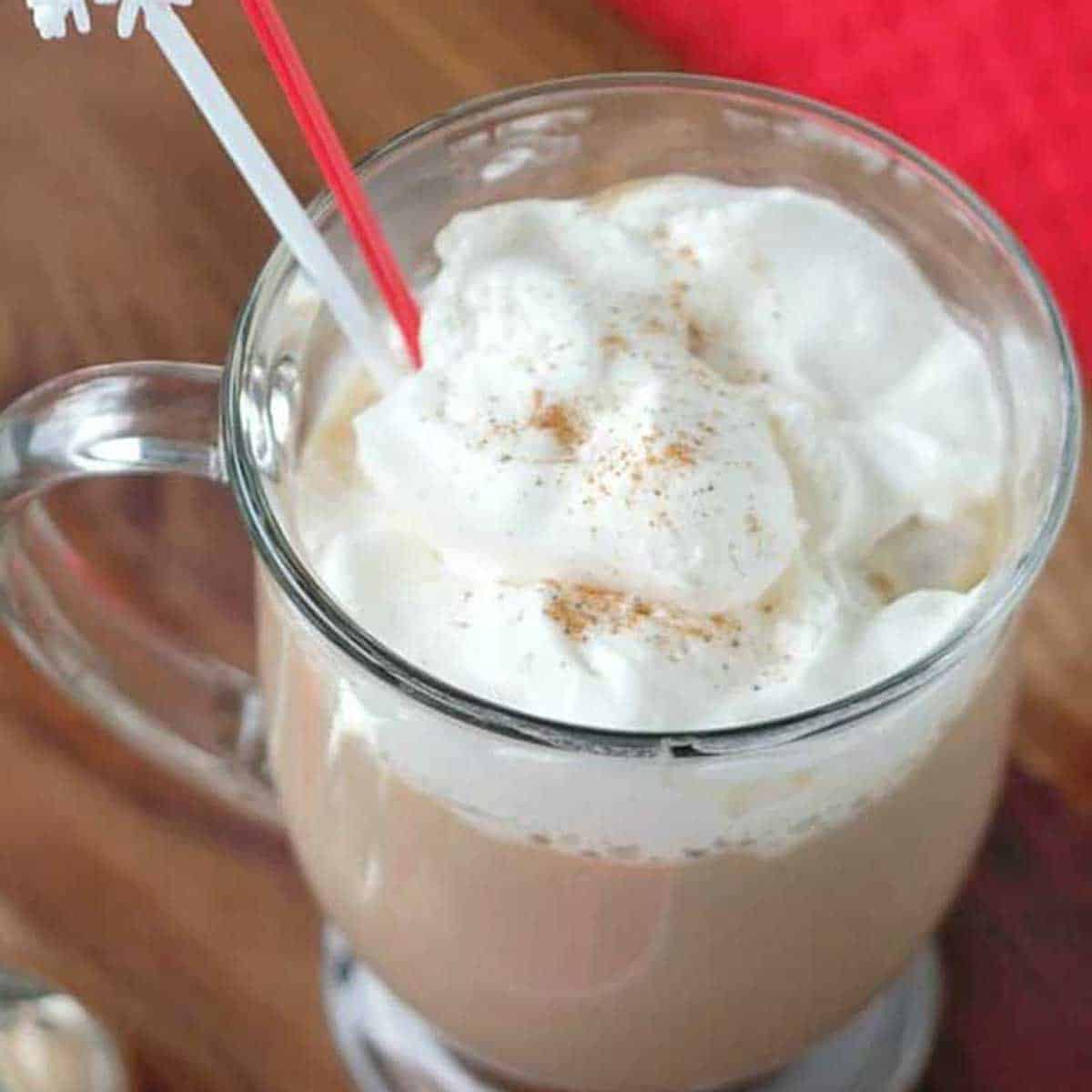 eggnog hot chocolate in glass mug