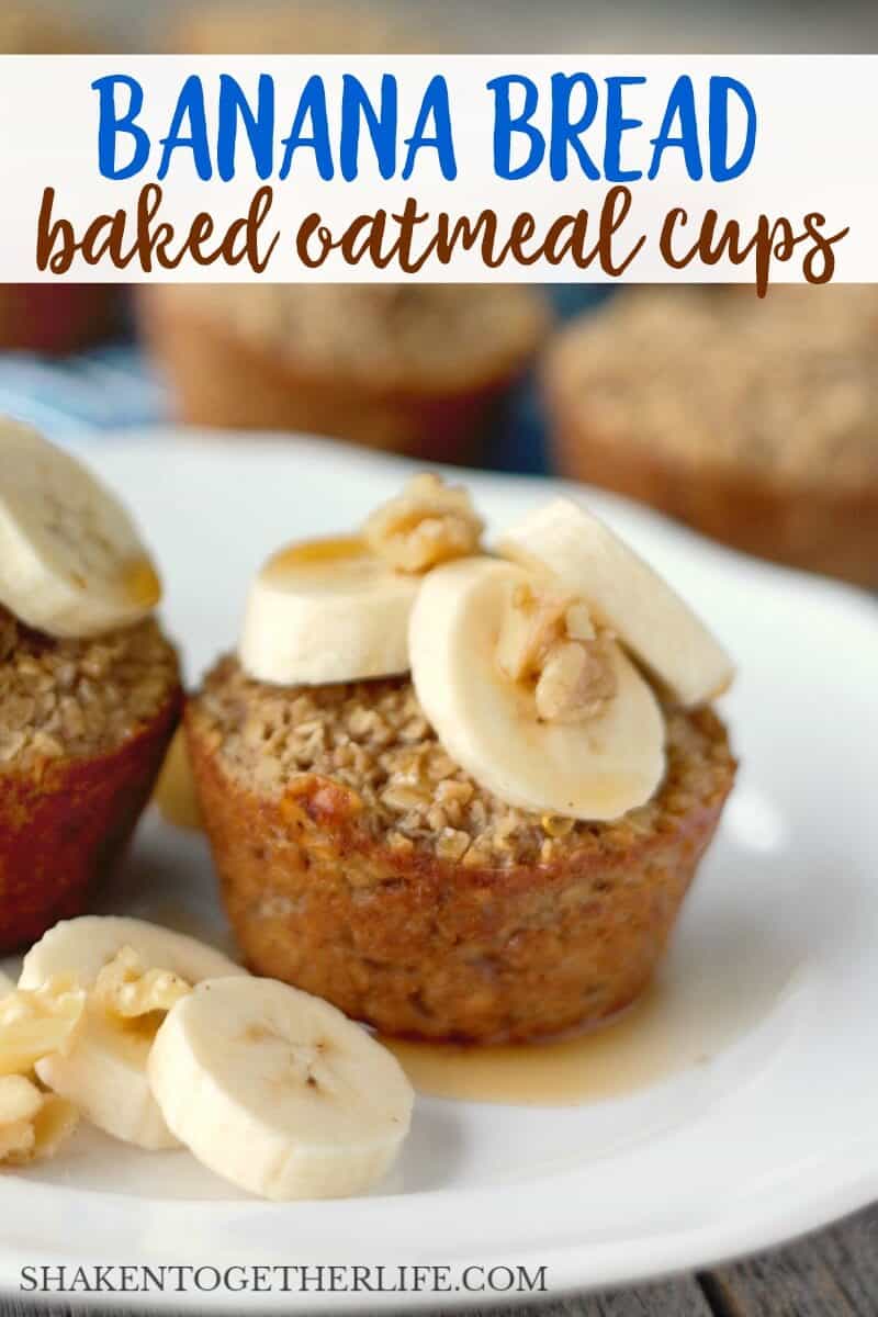 These Banana Bread Baked Oatmeal Cups are hearty, healthy and freezer friendly! Top with bananas, walnuts and a drizzle of syrup for a healthy breakfast!