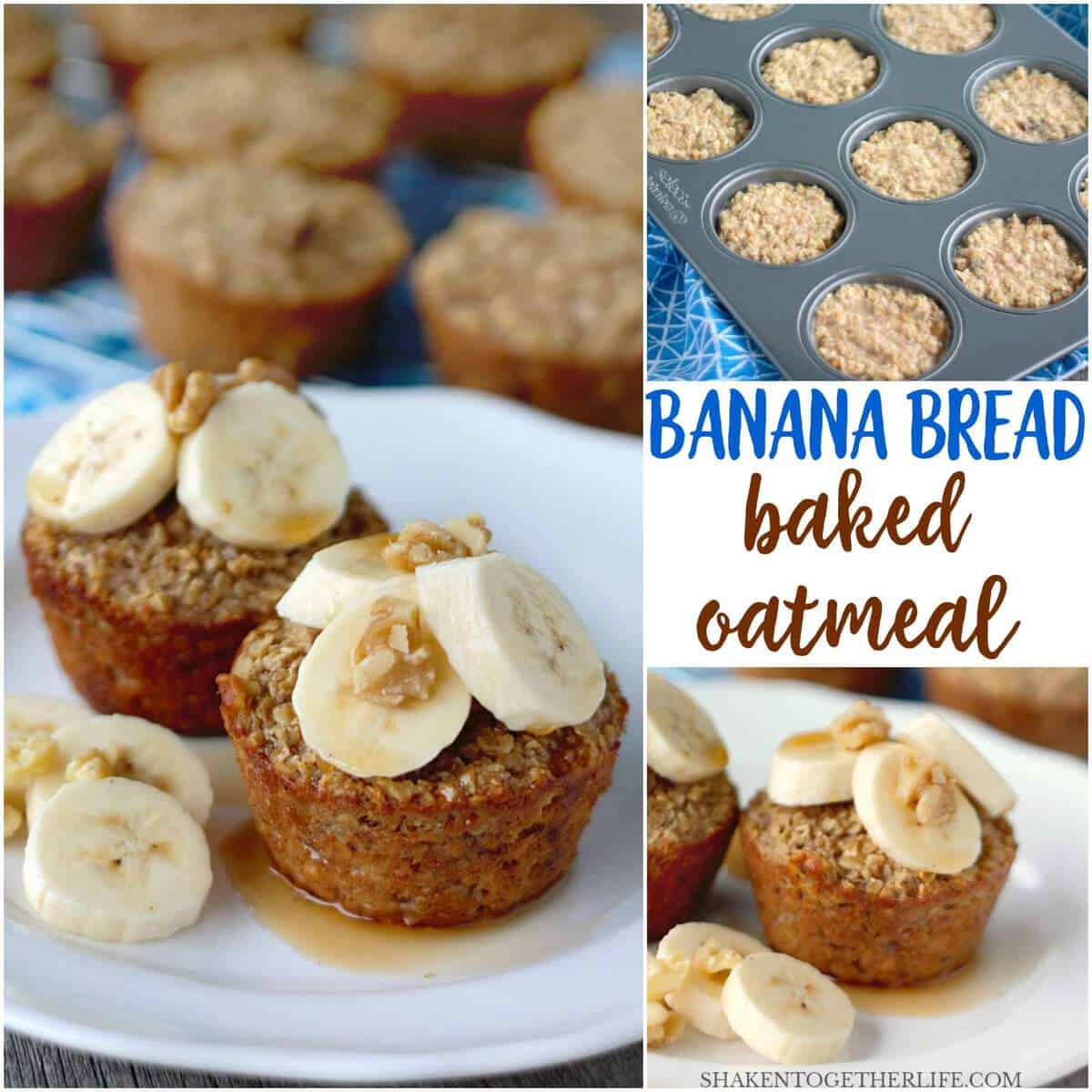 These Banana Bread Baked Oatmeal Cups are hearty, healthy and freezer friendly! Top with bananas, walnuts and a drizzle of syrup for a healthy breakfast!