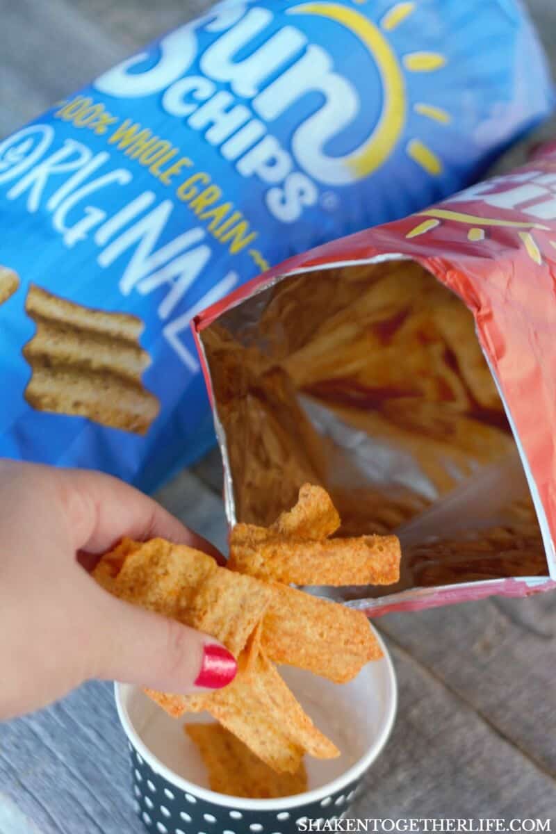 How to Host Girls Game Night: Fill small cups with Sun Chips. Individual portions make entertaining so much easier!