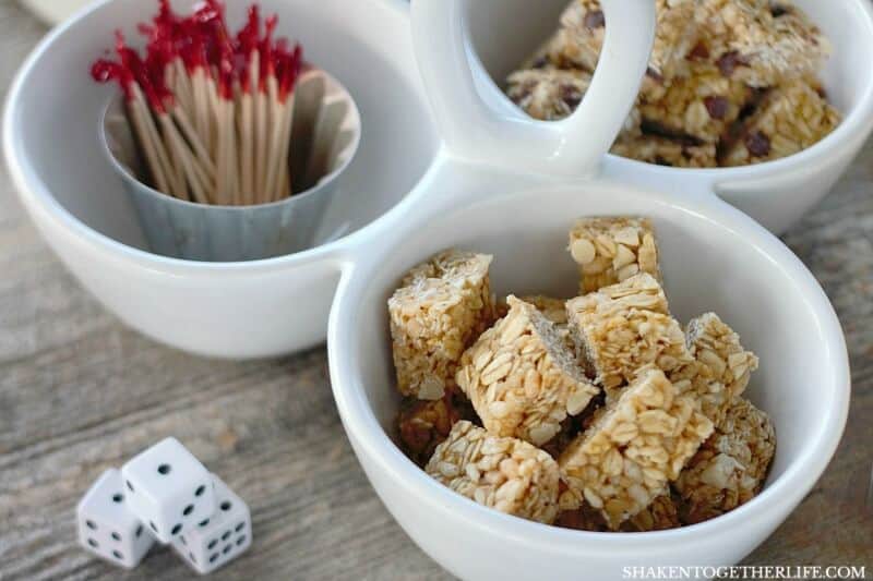 How to Host Girls Game Night: Granola Bar Bites satisfy sweet tooths and toothpicks keep dice from getting sticky!