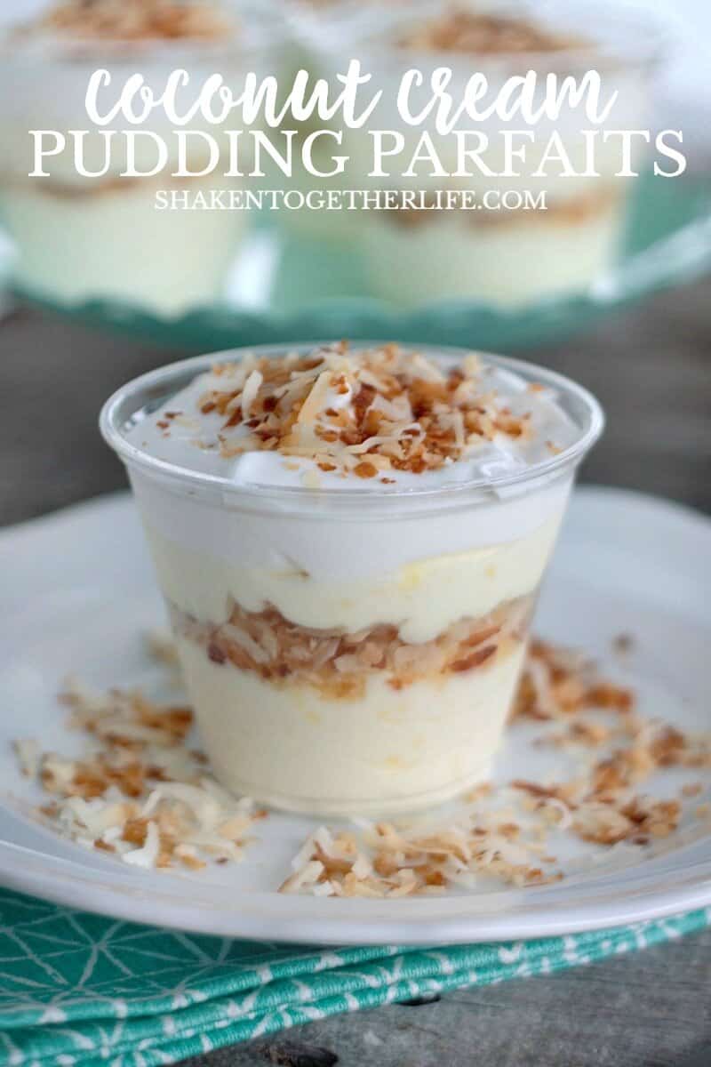No Bake Coconut Cream Pudding Parfaits - with layers of coconut cream pudding mousse, crunchy toasted coconut and fluffy whipped topping, these pretty pudding cups are the perfect dessert for the coconut lover!
