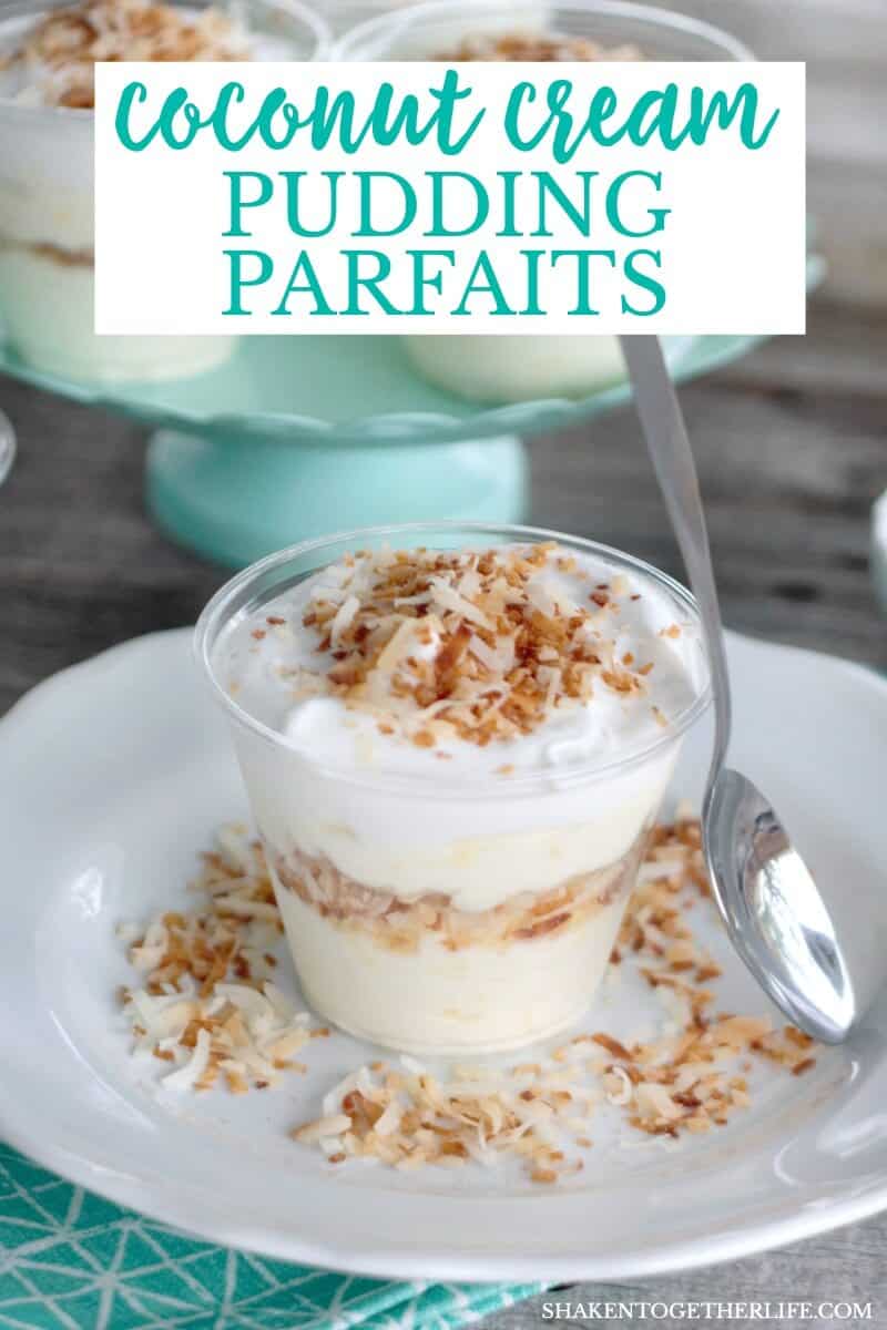 No Bake Coconut Cream Pudding Parfaits - with layers of coconut cream pudding mousse, crunchy toasted coconut and fluffy whipped topping, these pretty pudding cups are the perfect dessert for the coconut lover!
