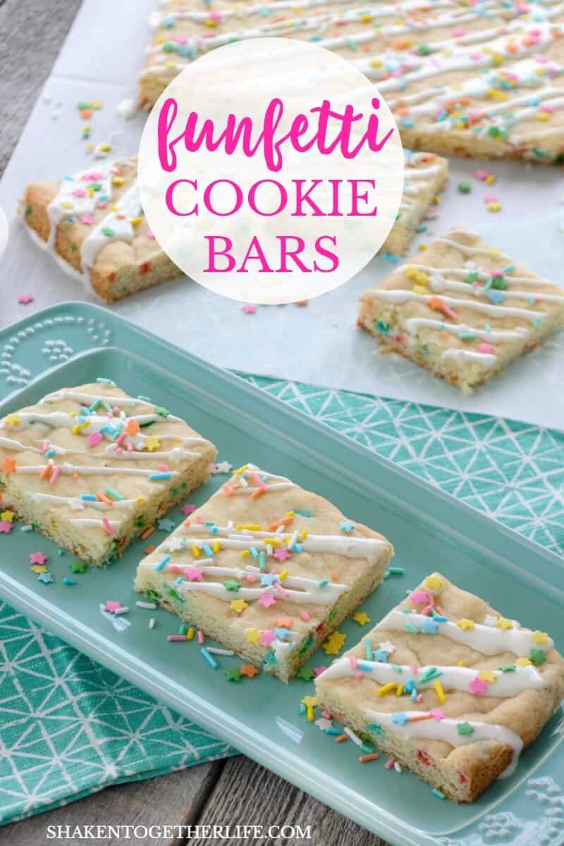 Funfetti Cookie Bars from a cake mix are the easiest dessert to make! Soft and tender cookies, studded with colorful sprinkles are drizzled with frosting and topped with even more sprinkles!