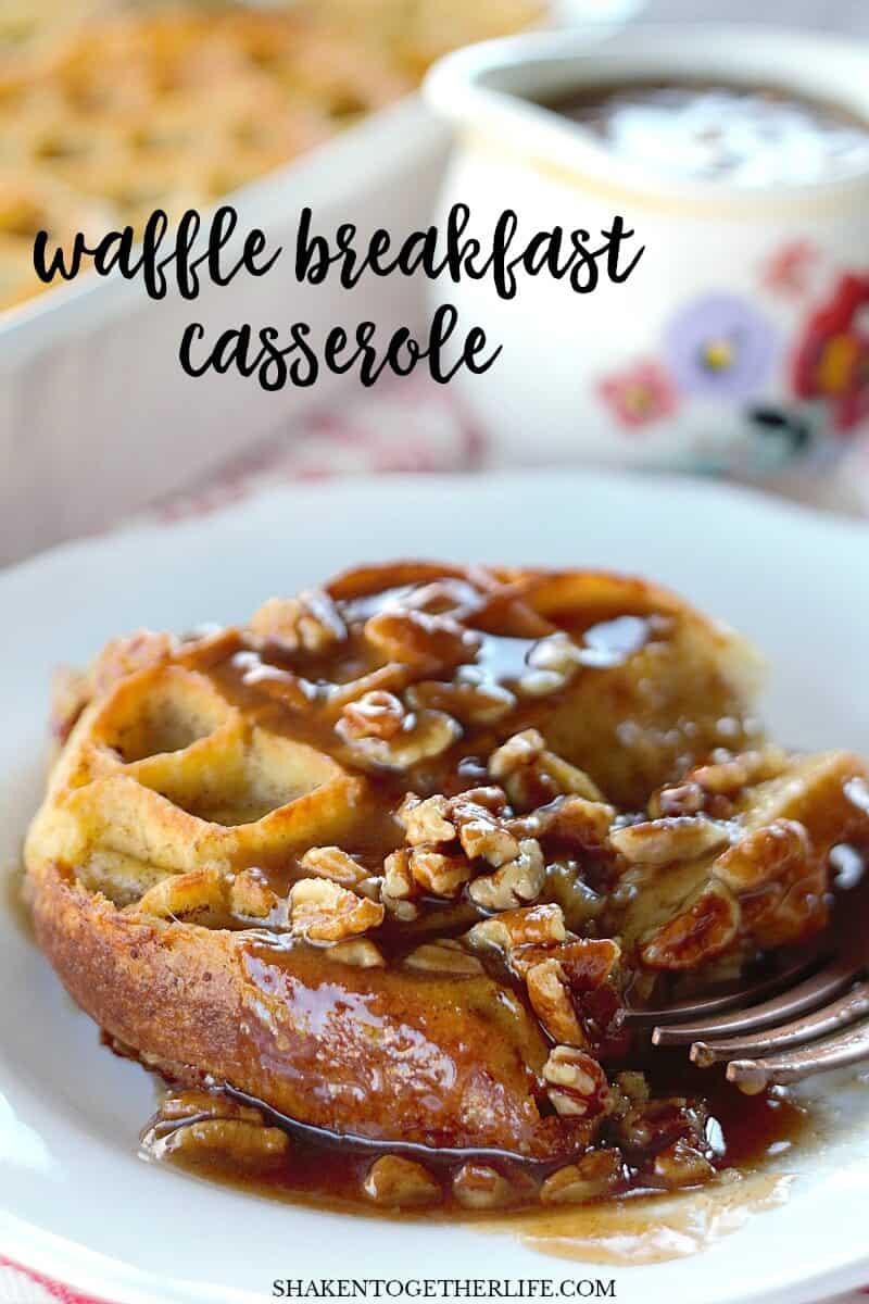 Overnight Waffle Breakfast Casserole with Brown Sugar Pecan Sauce on a white plate