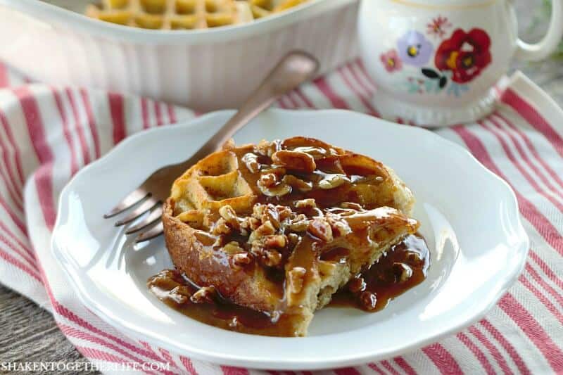 Overnight Waffle Breakfast Casserole with pecan brown sugar sauce