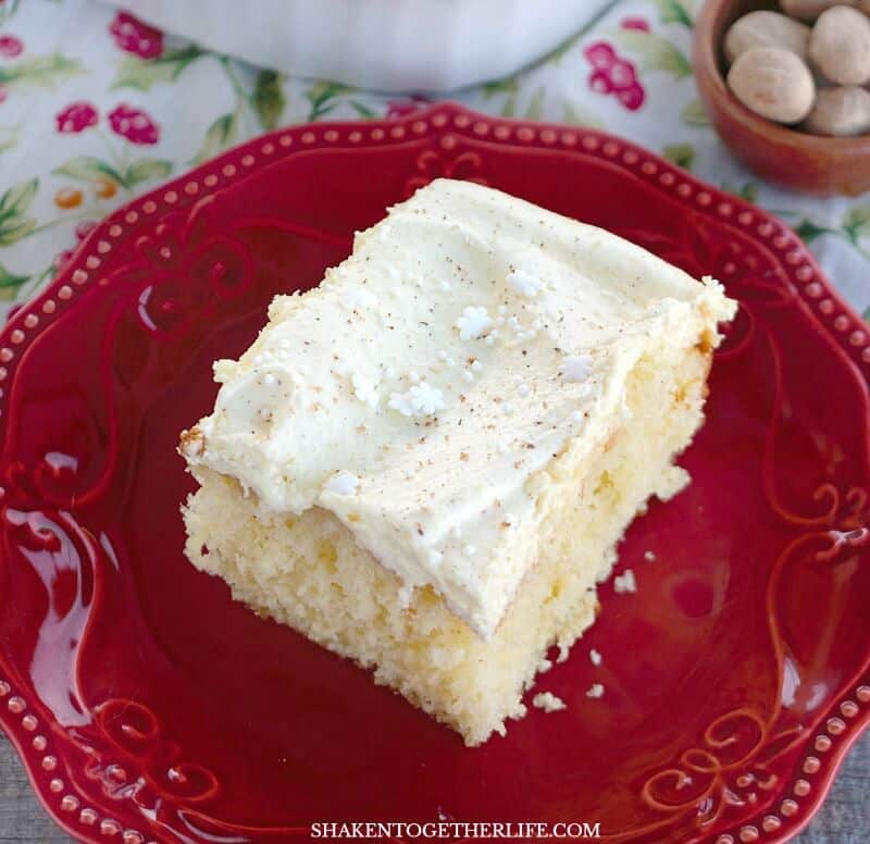 Eggnog Cake & Fluffy Eggnog Frosting - this cake tastes JUST like eggnog! With eggnog and fresh nutmeg in the cake and frosting, this is an unapologetically eggnog dessert for sure!