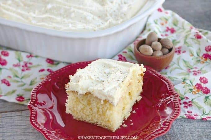 Unapologetically eggnog, this easy Eggnog Cake with Fluffy Eggnog Frosting has eggnog in the batter and frosting along with fresh grated nutmeg!