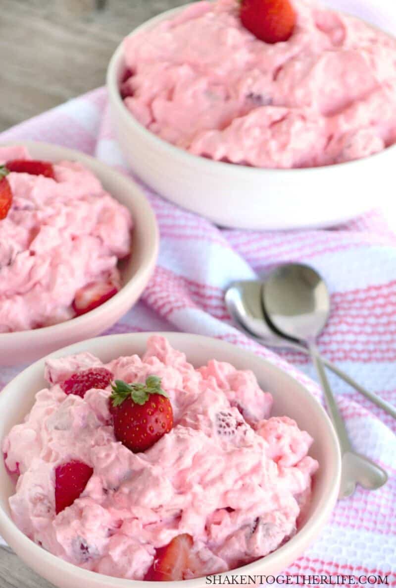 two bowls of Pink Strawberry Fluff Salad