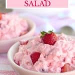 This Pink Strawberry Fluff Salad is a classic, sweet dessert salad with just 4 ingredients! Cool, creamy and bursting with bright strawberries, this no bake dessert is a delicious addition to any party, dinner or baby shower!