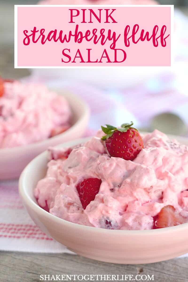 This Pink Strawberry Fluff Salad is a classic, sweet dessert salad with just 4 ingredients! Cool, creamy and bursting with bright strawberries, this no bake dessert is a delicious addition to any party, dinner or baby shower!