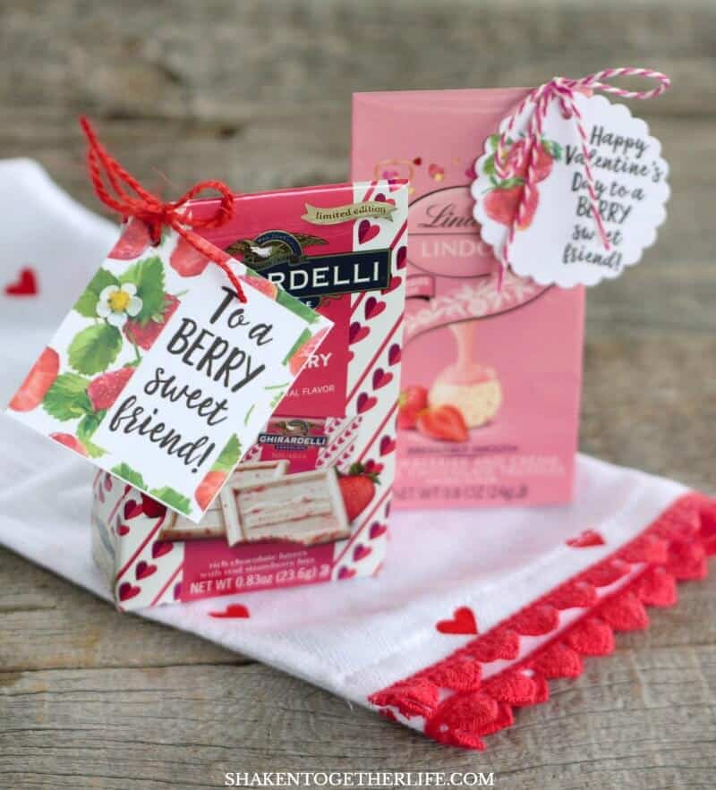 Strawberry Themed Gifts + Berry Sweet Printable Tags - mini boxes of strawberry truffles and chocolate make sweet coworker gifts!