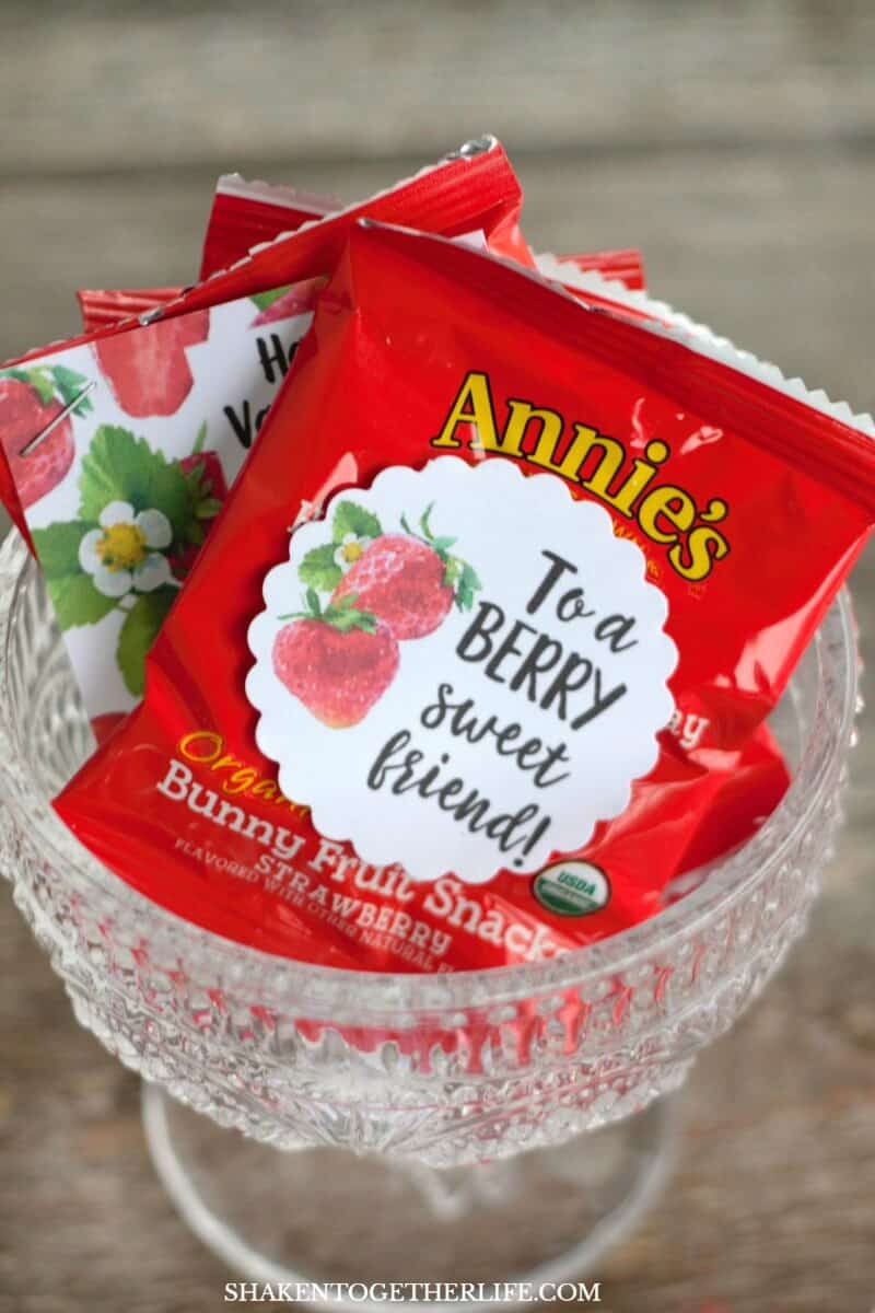 Strawberry Themed Gifts + Berry Sweet Printable Tags - attach the tags to strawberry fruit snacks for easy classroom Valentines!