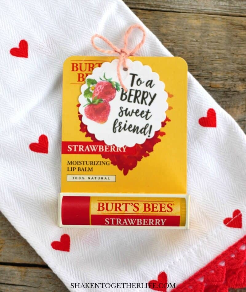 Strawberry Themed Gifts + Berry Sweet Printable Tags - strawberry lip balm makes a berry sweet little gift for a friend or Valentine!