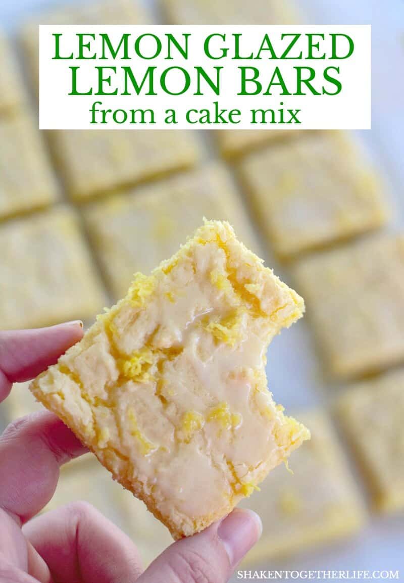 Lemon Glazed Lemon Bars from a cake mix are an easy lemon dessert with big lemon flavor! The 2 ingredient lemon glaze and lemon zest add freshness to these easy lemon bars!