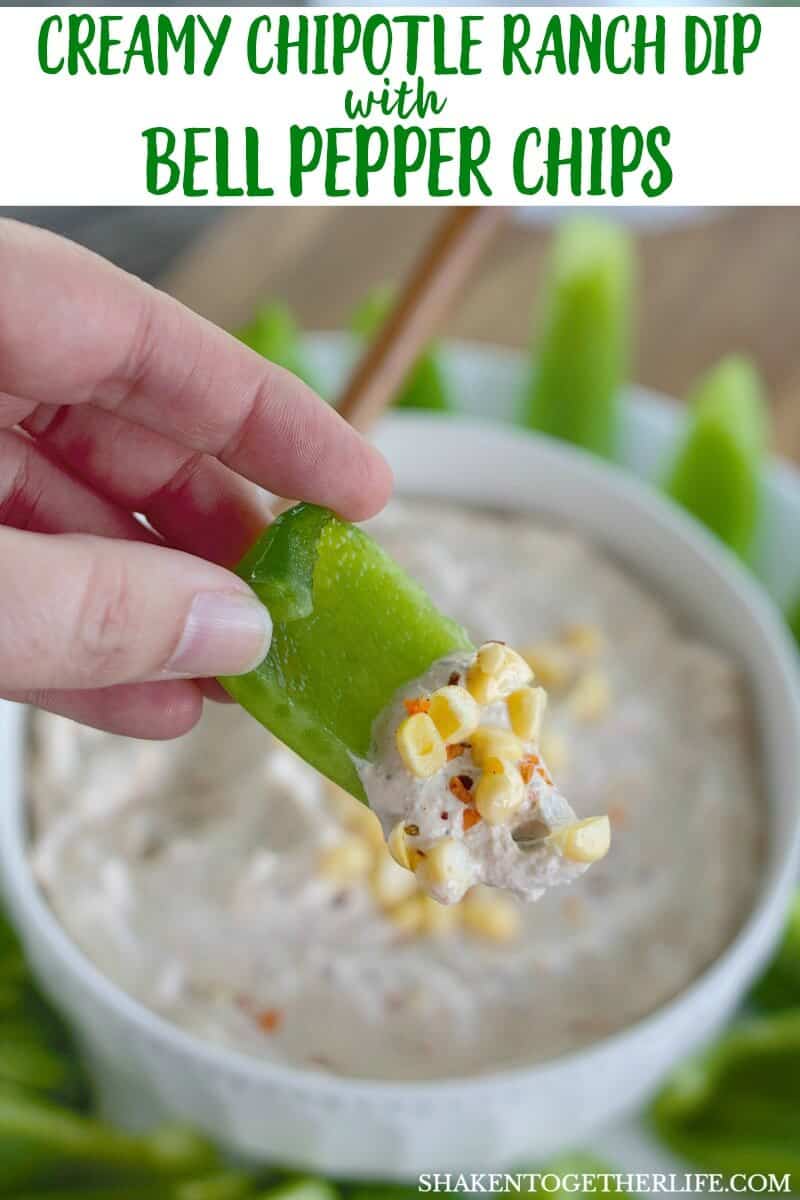 This Creamy Chipotle Ranch Dip with Bell Pepper Chips starts with a sour cream based dip filled with ranch, a kick of chipotle and surprising pop from sweet corn. Lighten up your dipping with fresh, crispy bell pepper chips, too!