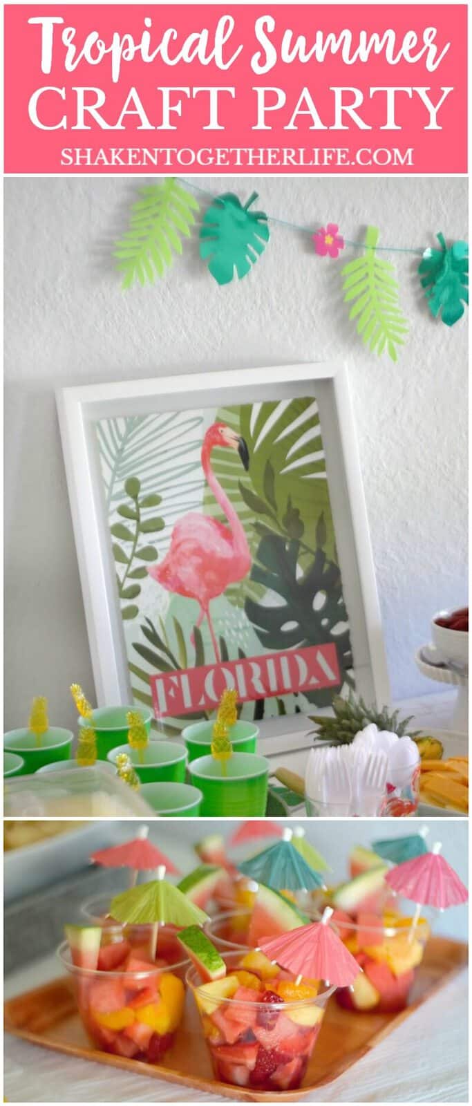 Grab your gal pals and throw a bright and festive Tropical Summer Craft Party! A pineapple cheese tray, tropical fruit salad and corn & avocado salsa round out the food and there are 4 EASY tropical craft ideas to make with the girls!