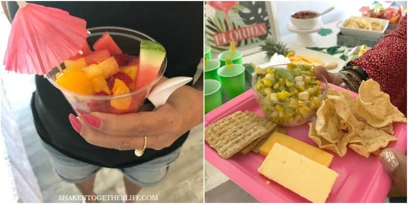 Guests will love the food for your Tropical Summer Craft Party: Tropical Fruit Salad, Corn & Avocado Salsa bar, Hawaiian Cocktail Sausages, a Pineapple Shaped Cheese Tray and Skinny Sparkling Pineapple Lemonade are on the menu!