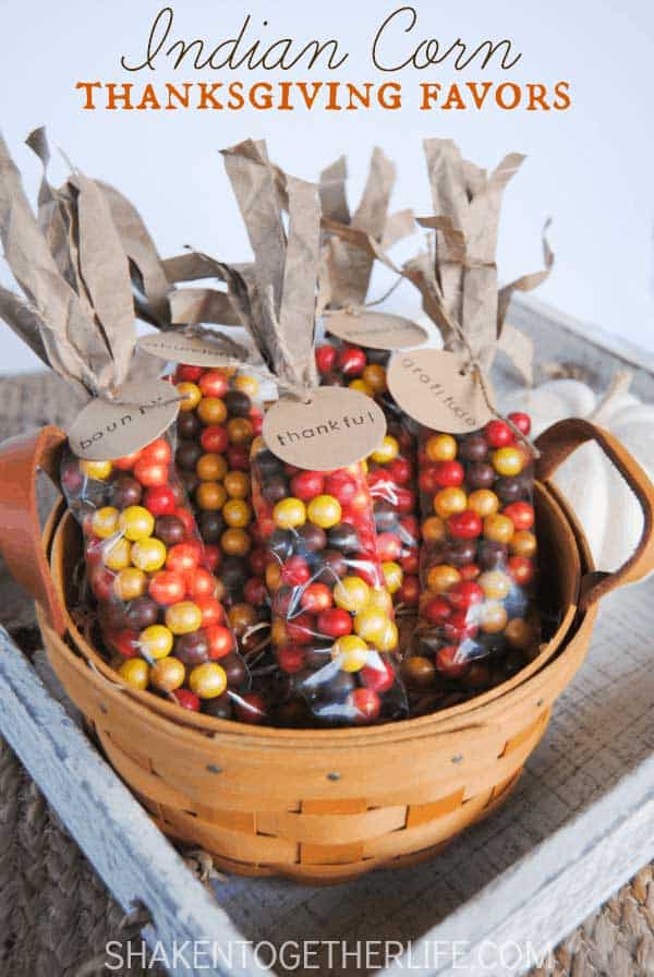 indian corn favors made with candy in basket for thanksgiving