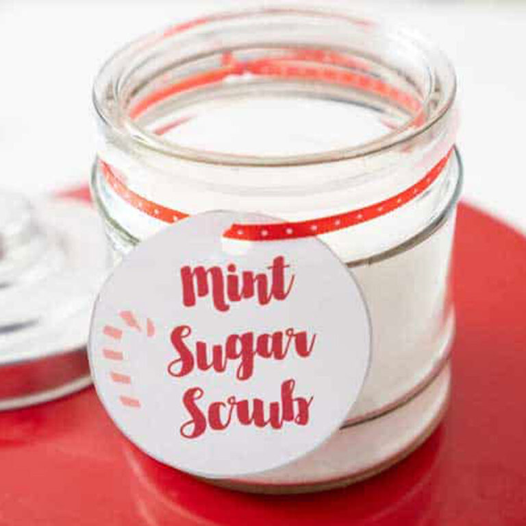 mint sugar scrub in jar with gift tag