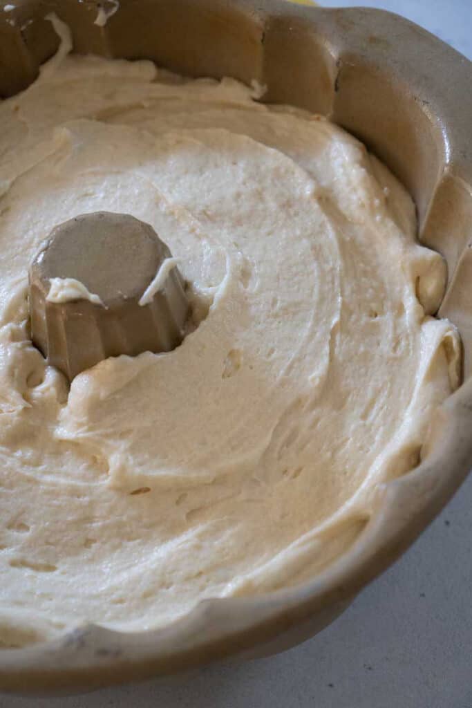 lemon cake batter in bundt pan