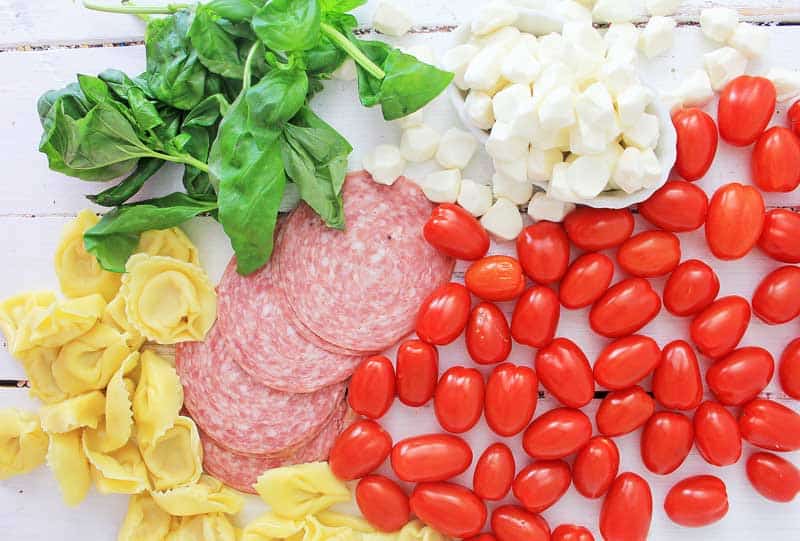 anitpasto skewer ingredients tomato salami cheese basil tortellini