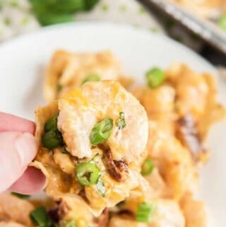 hand holding shrimp nachos