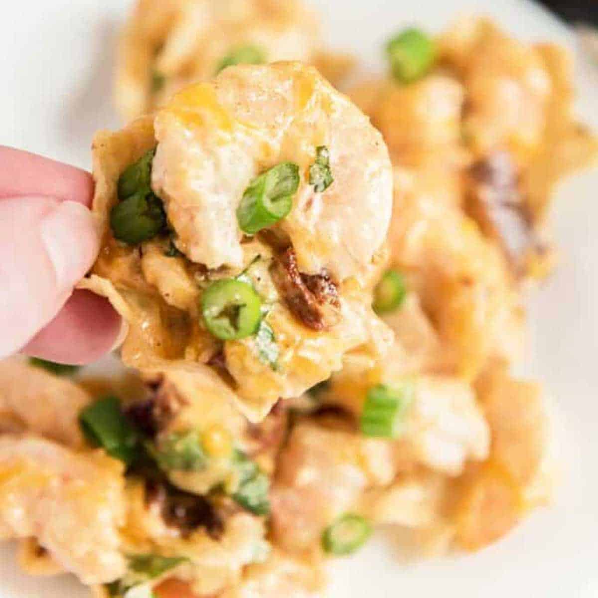 hand holding shrimp nachos