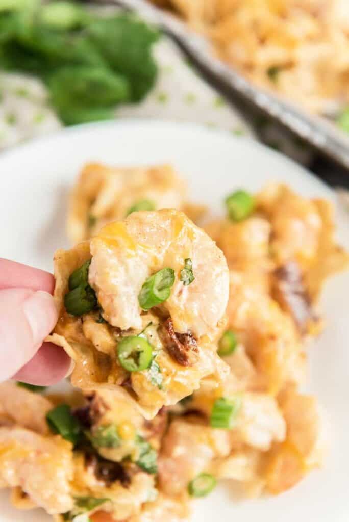 hand holding shrimp nachos