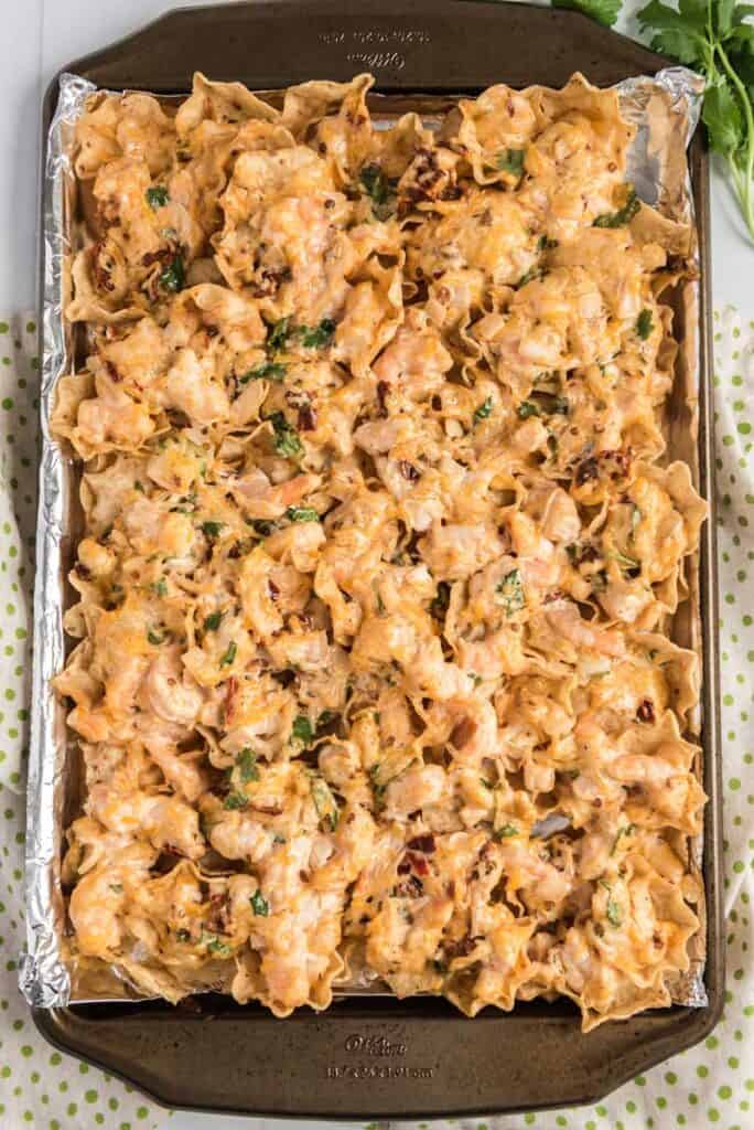 baking sheet with shrimp nachos