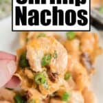 hand holding shrimp nacho with text overlay