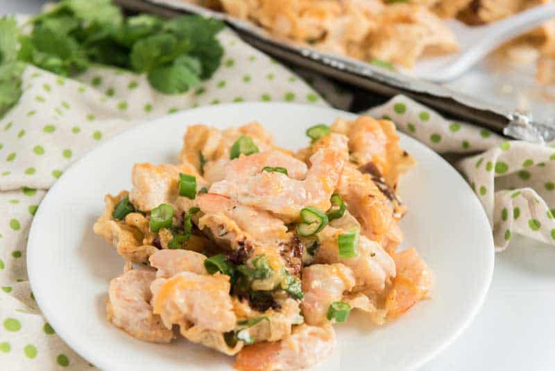 shrimp nachos on white plate