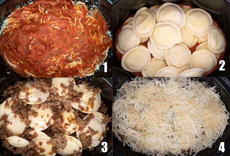 steps layering lazy lasagna with ravioli in slow cooker